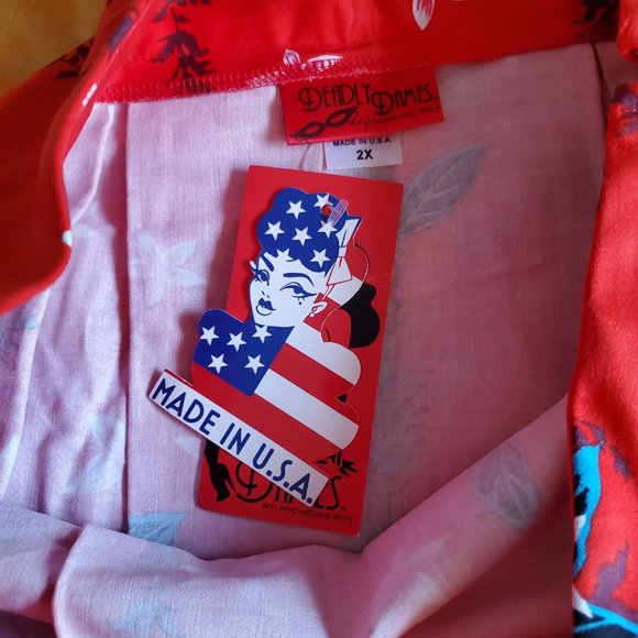 Deadly Dames by Micheline Pitt Kinky Box Skirt in Red Hawaiian Print Size 2X NWT - Picture 9 of 10